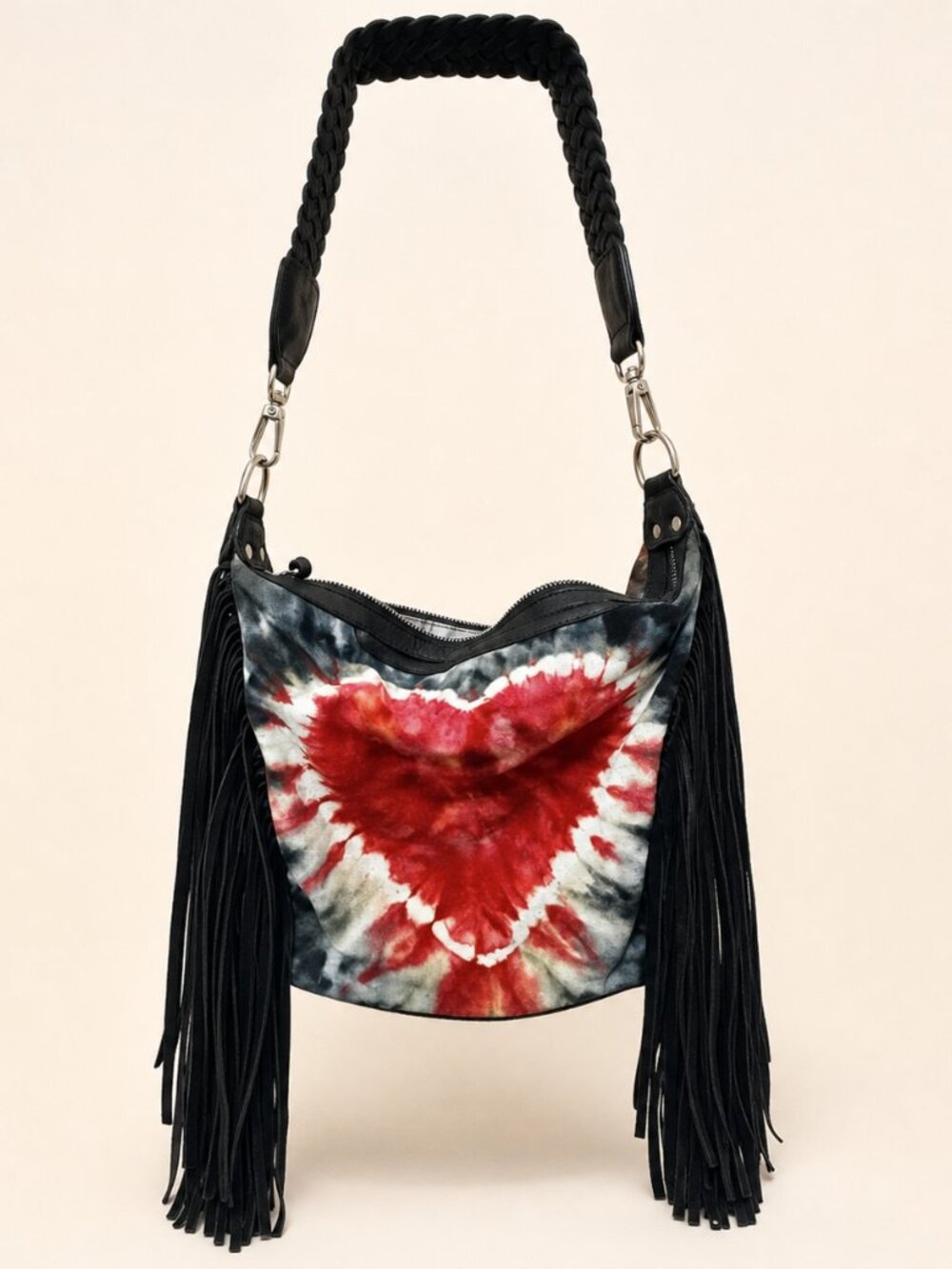 DC Tie Dye Heart Fringe Leather Shoulder Bag Boho Western Artisan Handmade